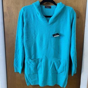 NWT Homer Collection Women's Teal 3/4 Sleeve V-Neck Knit Hooded Shirt Small